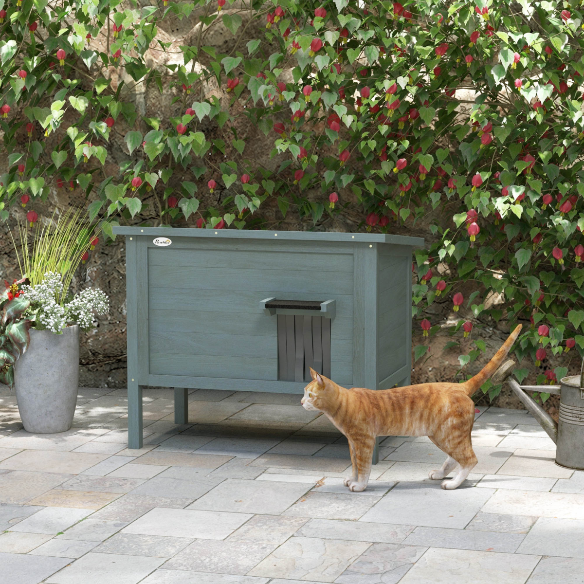 PawHut Insulated Outdoor Cat House with Openable Roof & Curtained Door – Weatherproof Shelter, Grey