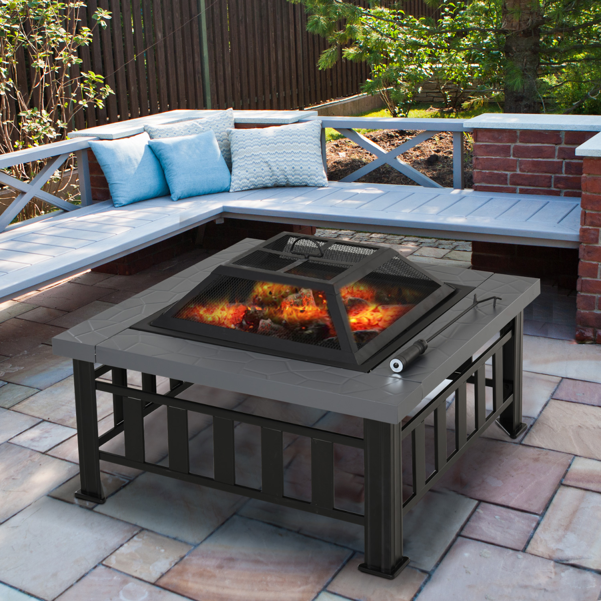 Outsunny Square Fire Pit with Faux Stone Tabletop and Waterproof Mesh Cover – Black/Grey