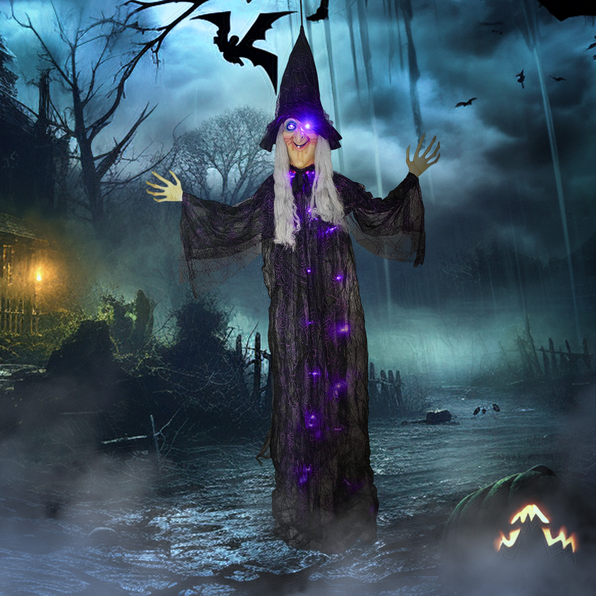 Outsunny Voice Activated Halloween Animatronics Witch, 183cm Life-Sized with Sound and Light Effects, Black