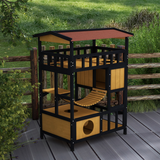 PawHut Outdoor Wooden Cat House with Suspension Bridge, Two Lounges and Sun Decks – Weather-Resistant Shelter, Yellow, Black and Red