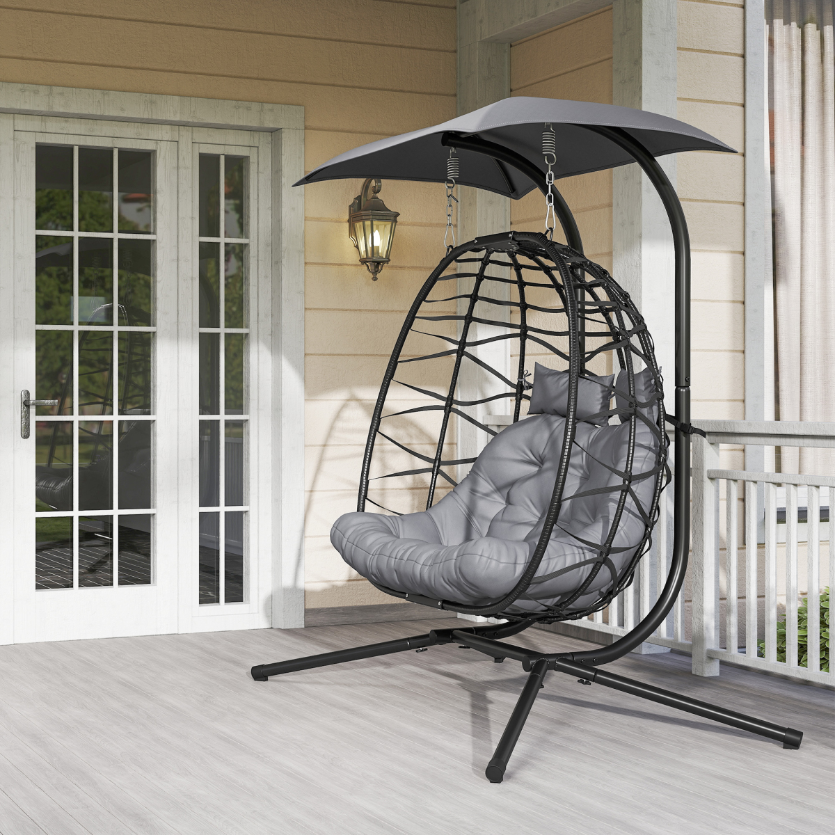 Outsunny Rattan Double Hanging Egg Chair with Canopy and Tufted Cushion – Garden Swing Seat for Two, Black