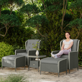 Outsunny Five-Piece Rattan Garden Furniture Set with Reclining Armchairs, Footstools & Glass Table, Charcoal Grey