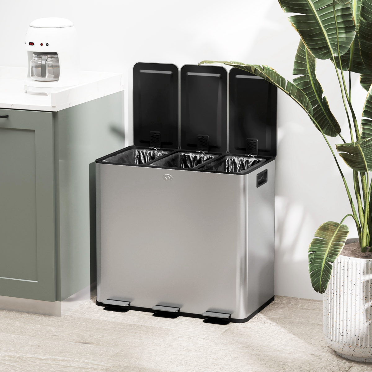 HOMCOM 3 x 15L Triple Recycling Pedal Bin with Removable Buckets – Stainless Steel Finish Kitchen Bin, Silver