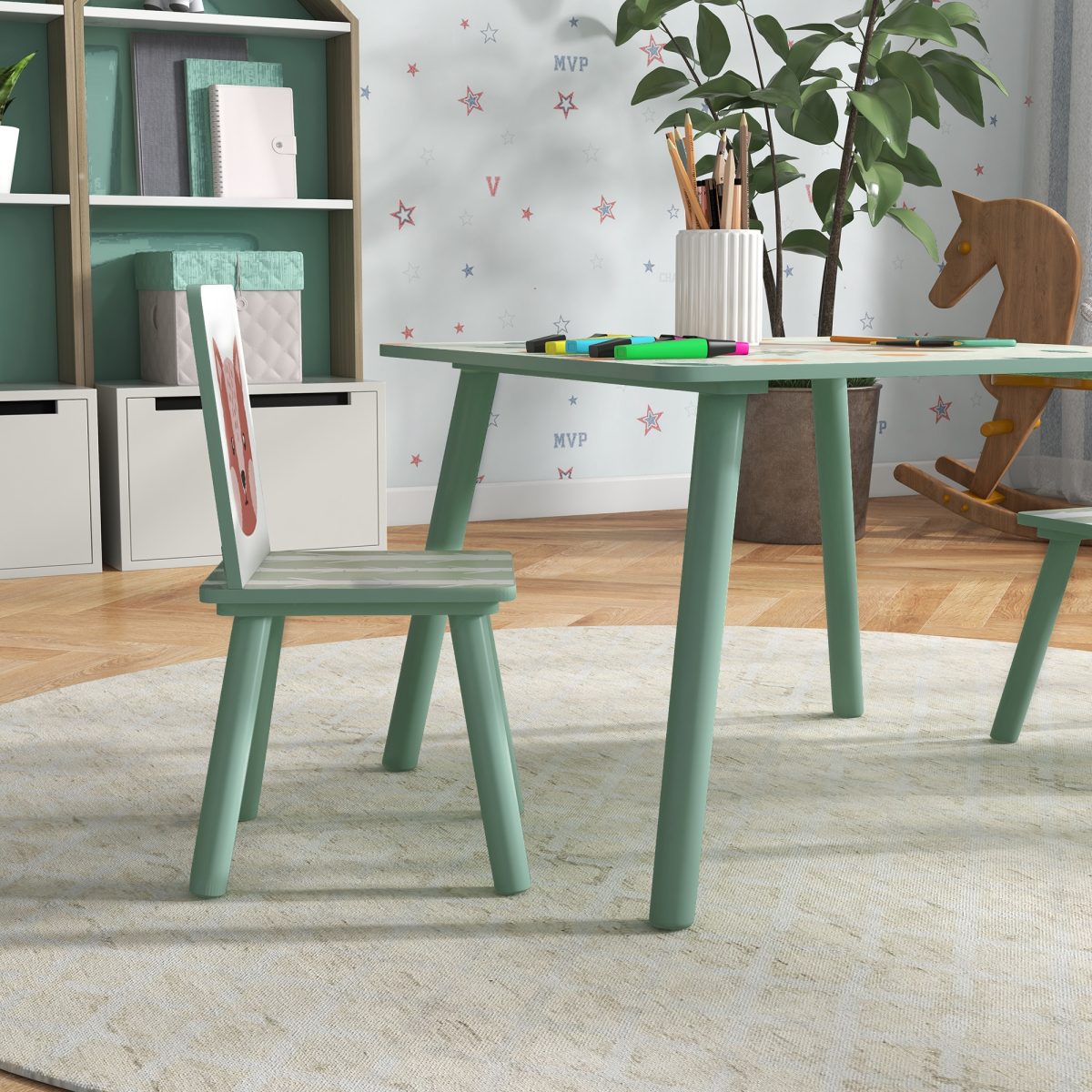 ZONEKIZ Kids Table and 2 Chairs Set with Rounded Edges – Children's Desk for Arts, Crafts & Homework, Green