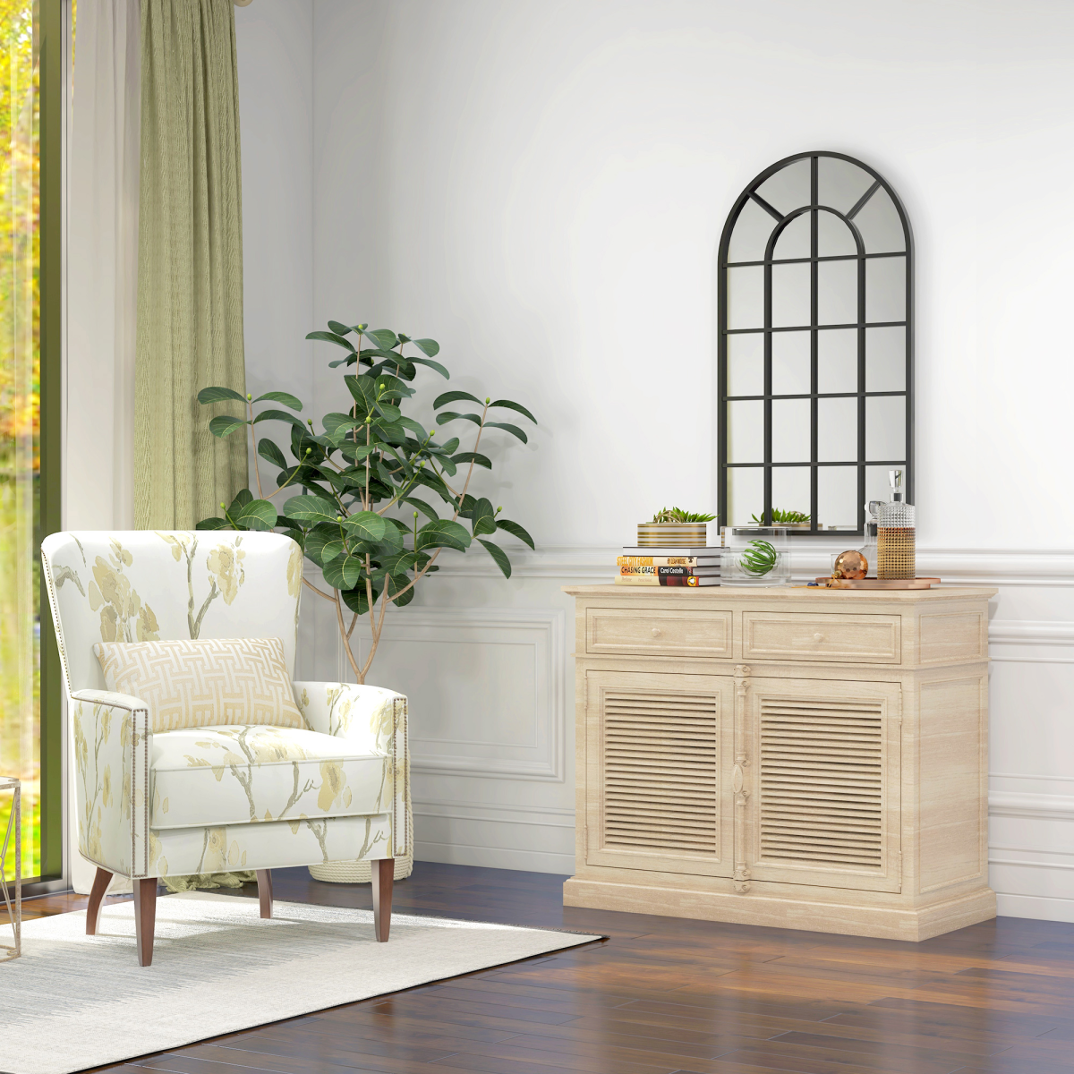HOMCOM Modern Arched Window Wall Mirror, 110 x 62cm – Large Window-Pane Mirror, Black