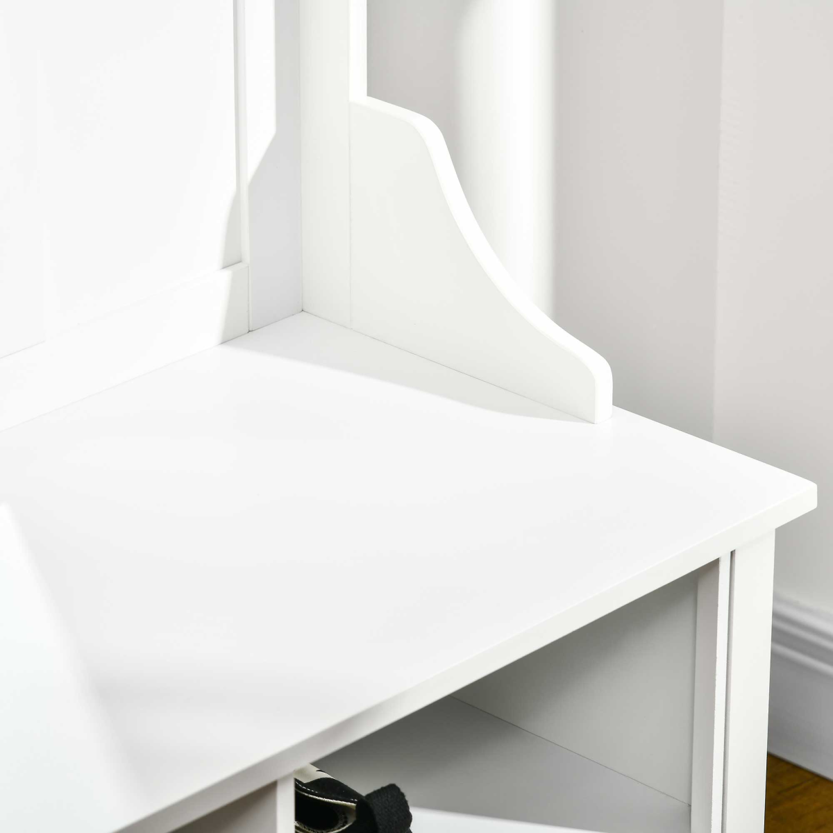 HOMCOM 3-in-1 Mirrored Shoe Cabinet with Bench, Coat Hooks and 4 Storage Cubes – White, 80cm
