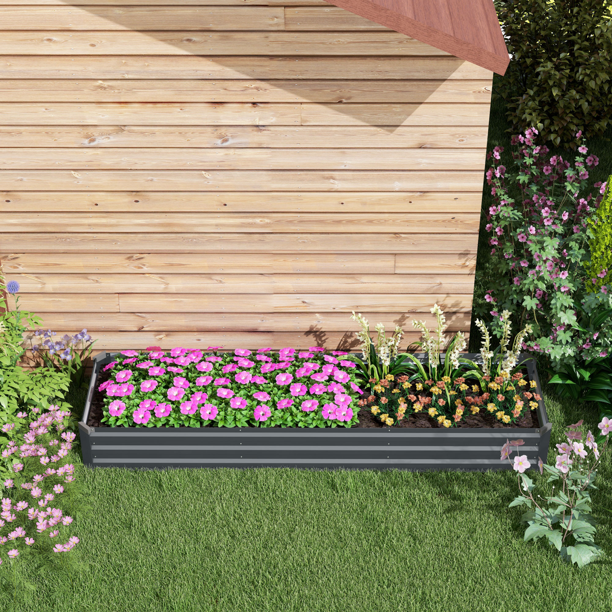 Outsunny Galvanised Steel Raised Garden Bed, 240cm Elevated Planter Box with Open Bottom, Grey
