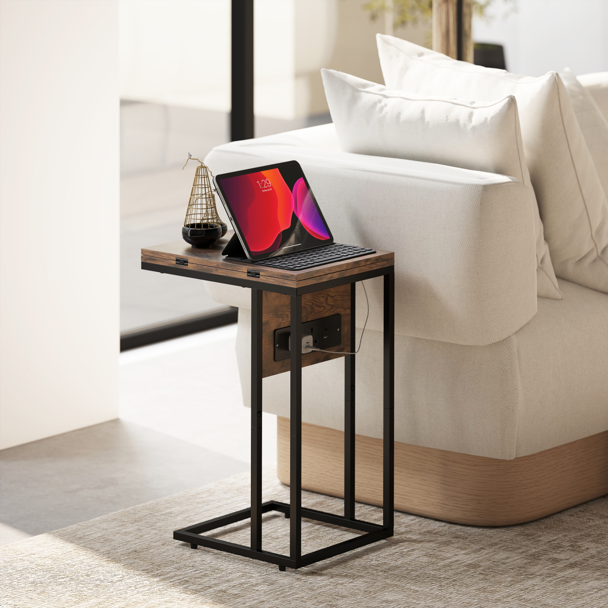 HOMCOM C Shaped Side Table with Charging Station and Foldable Top – Space-Saving, Rustic Brown and Black