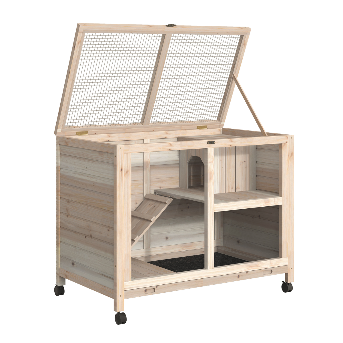 Pawhut Indoor Rabbit Hutch with Openable Roof, Pull-Out Tray & Ramp – Guinea Pig House, Natural