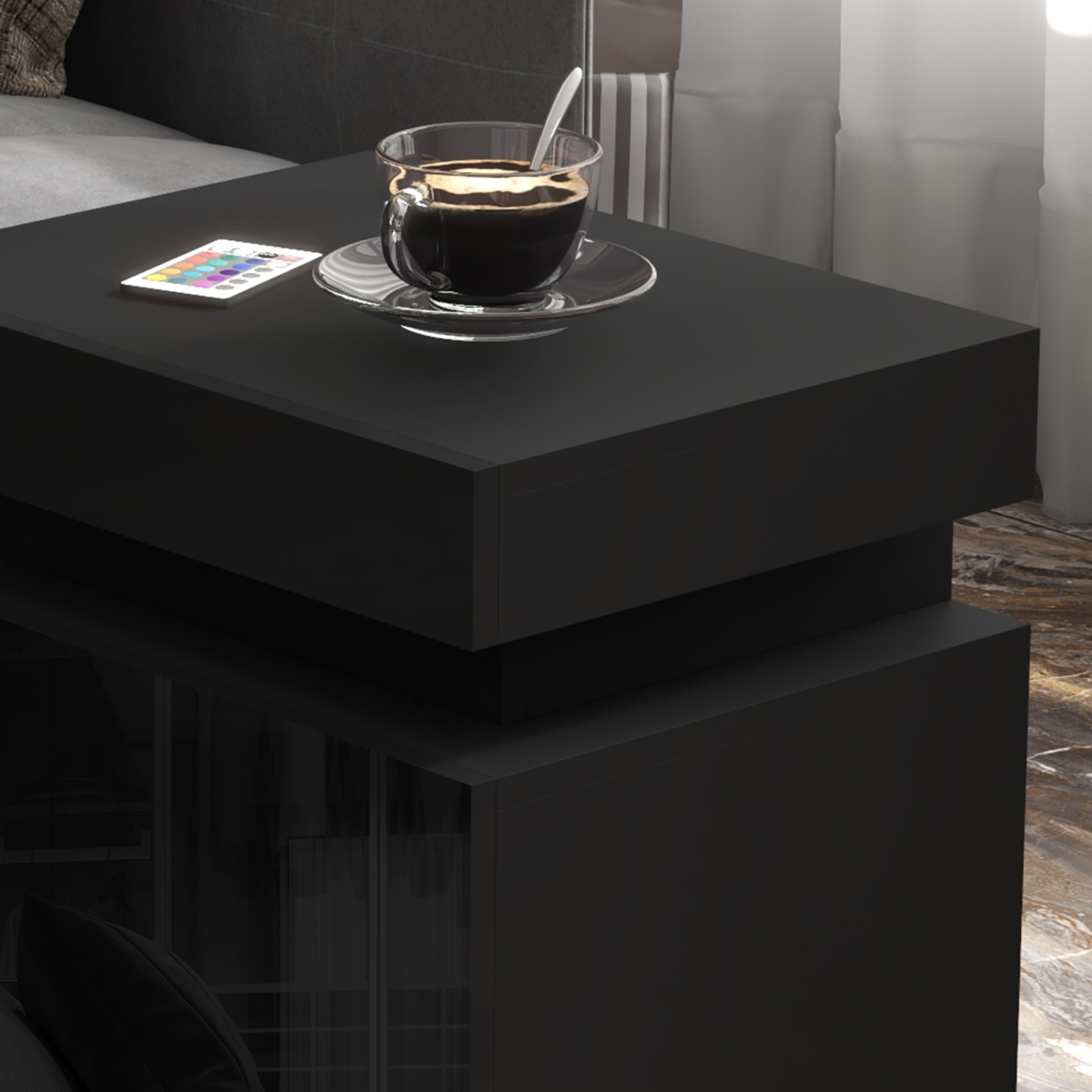 HOMCOM High Gloss Bedside Table with LED Light and 2 Drawers – Remote-Controlled Side Table, Black