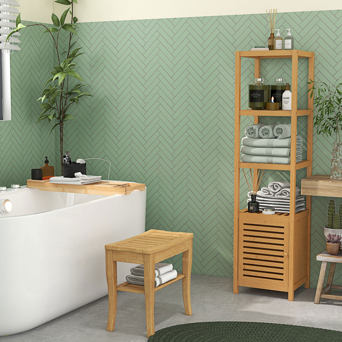 2-Tier Slatted Shower Bench with Storage Shelf – Compact Bath Seat with Round Edges and 100kg Capacity