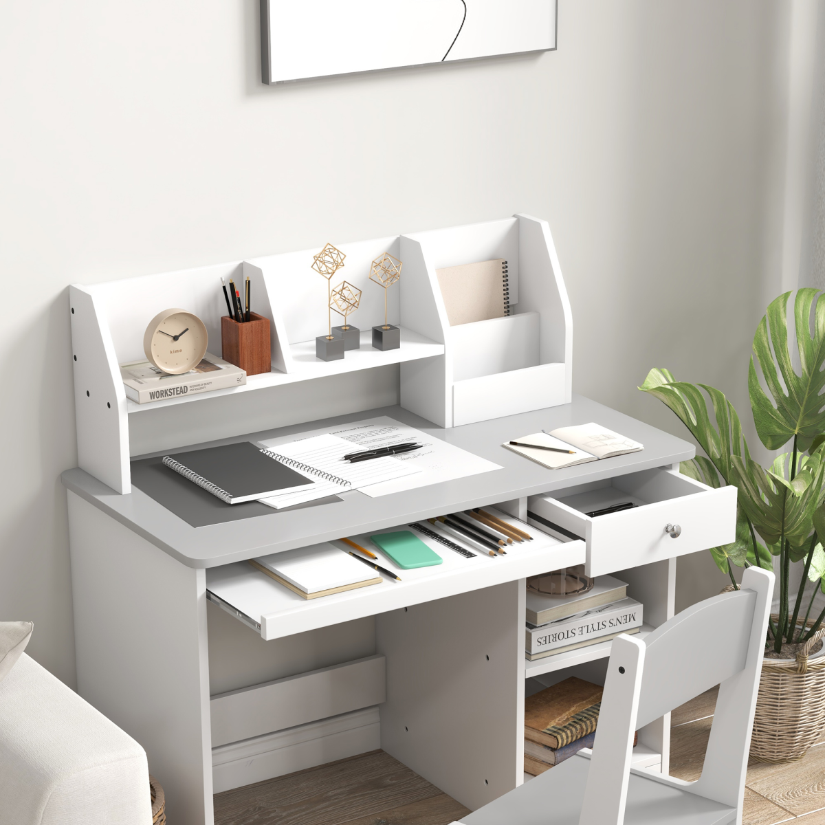 ZONEKIZ Kids Desk and Chair Set with Storage Shelves & Drawer – Study Furniture for 5-8 Years, Grey