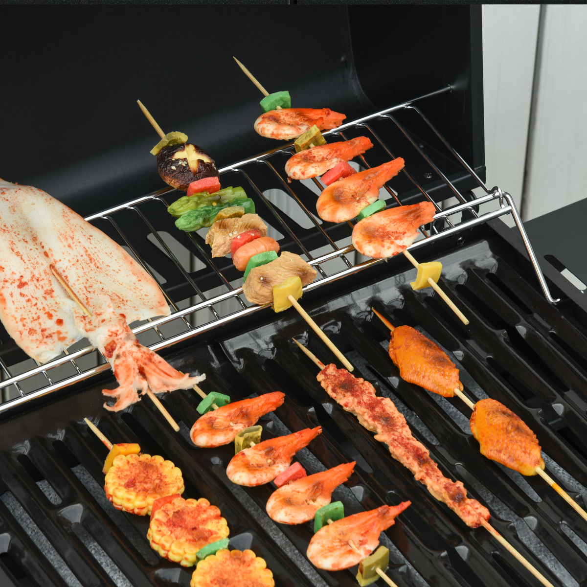 Outsunny Deluxe 3+1 Burner Gas BBQ Grill Trolley with Side Burner and Warming Rack, 110 x 50 x 100cm