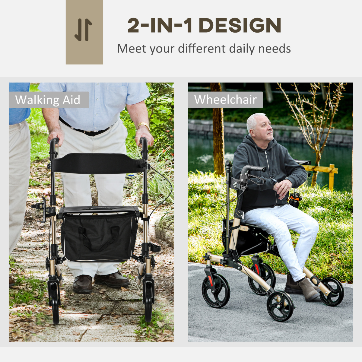 HOMCOM Lightweight Aluminium Folding Rollator Walker with Seat, Storage Bag & 4 Wheels – Mobility Aid