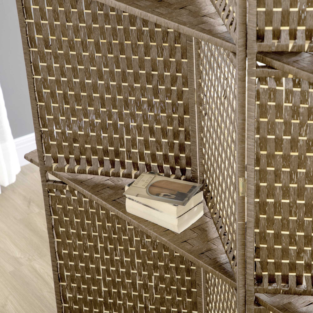 4-Panel Folding Room Divider with Shelves – Woven Wicker Effect Privacy Screen with Wood Frame, Brown
