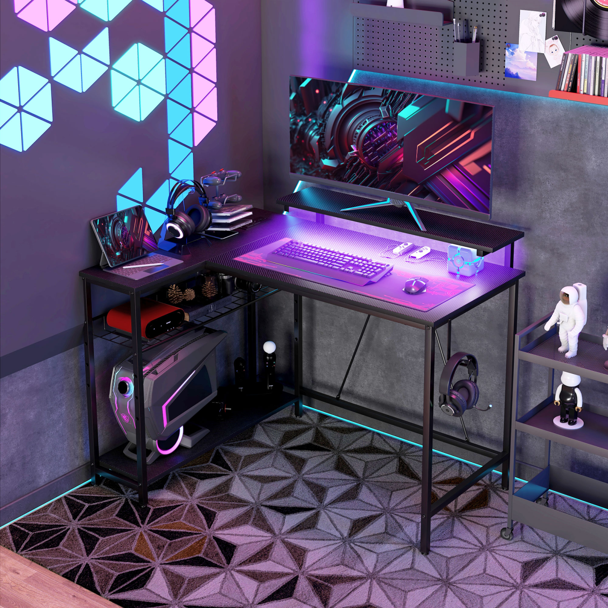 HOMCOM Reversible L-Shaped Gaming Desk with Remote-Controlled LED Lights & Storage Shelves