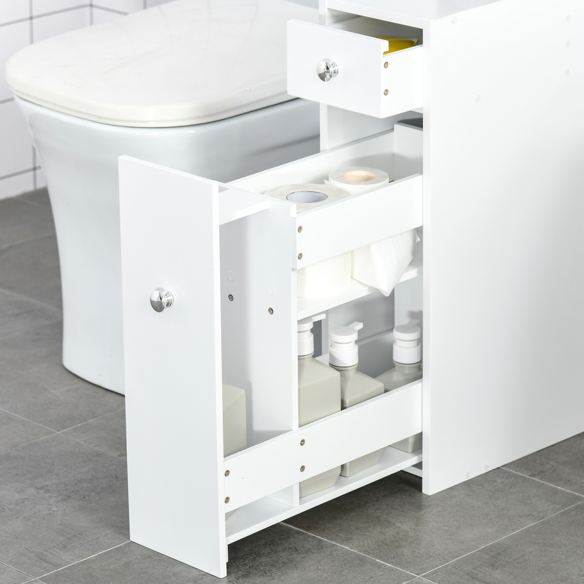 HOMCOM Slim Bathroom Floor Cabinet with Large Drawer & Storage Compartments – White