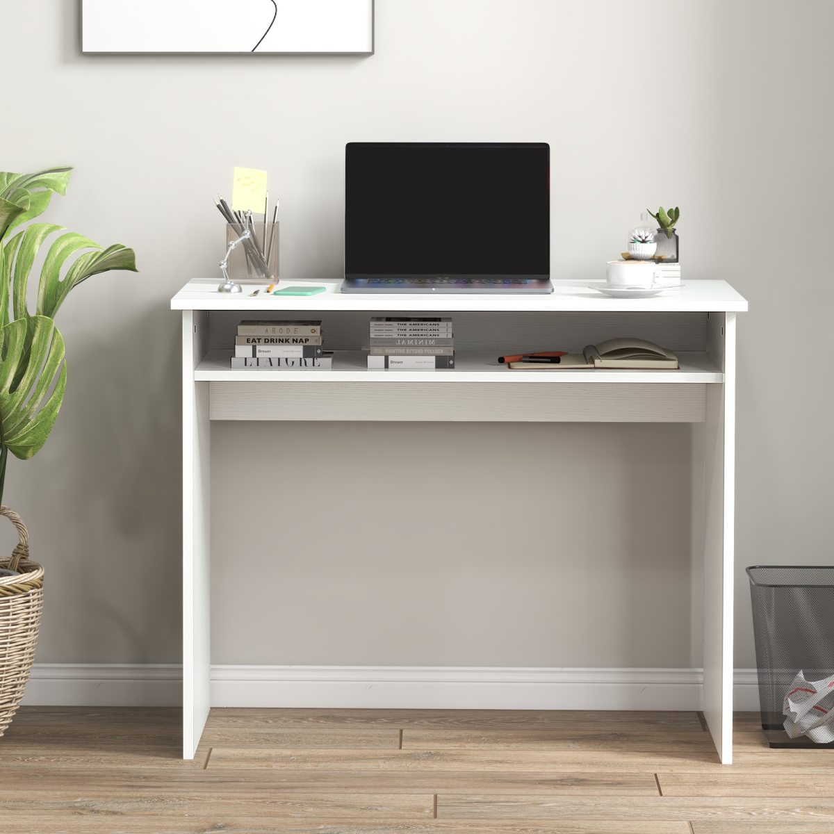 HOMCOM Compact Workstation Desk with Under-Table Storage – Home Office Study Table, White