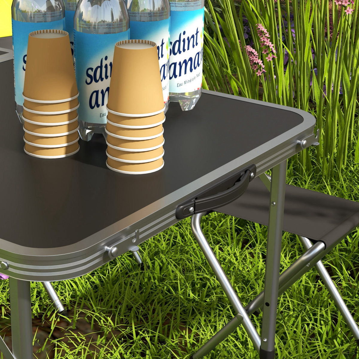 Outsunny Folding Camping Table and 4 Chairs Set with Adjustable Height & Parasol Hole – Aluminium, Black and Silver