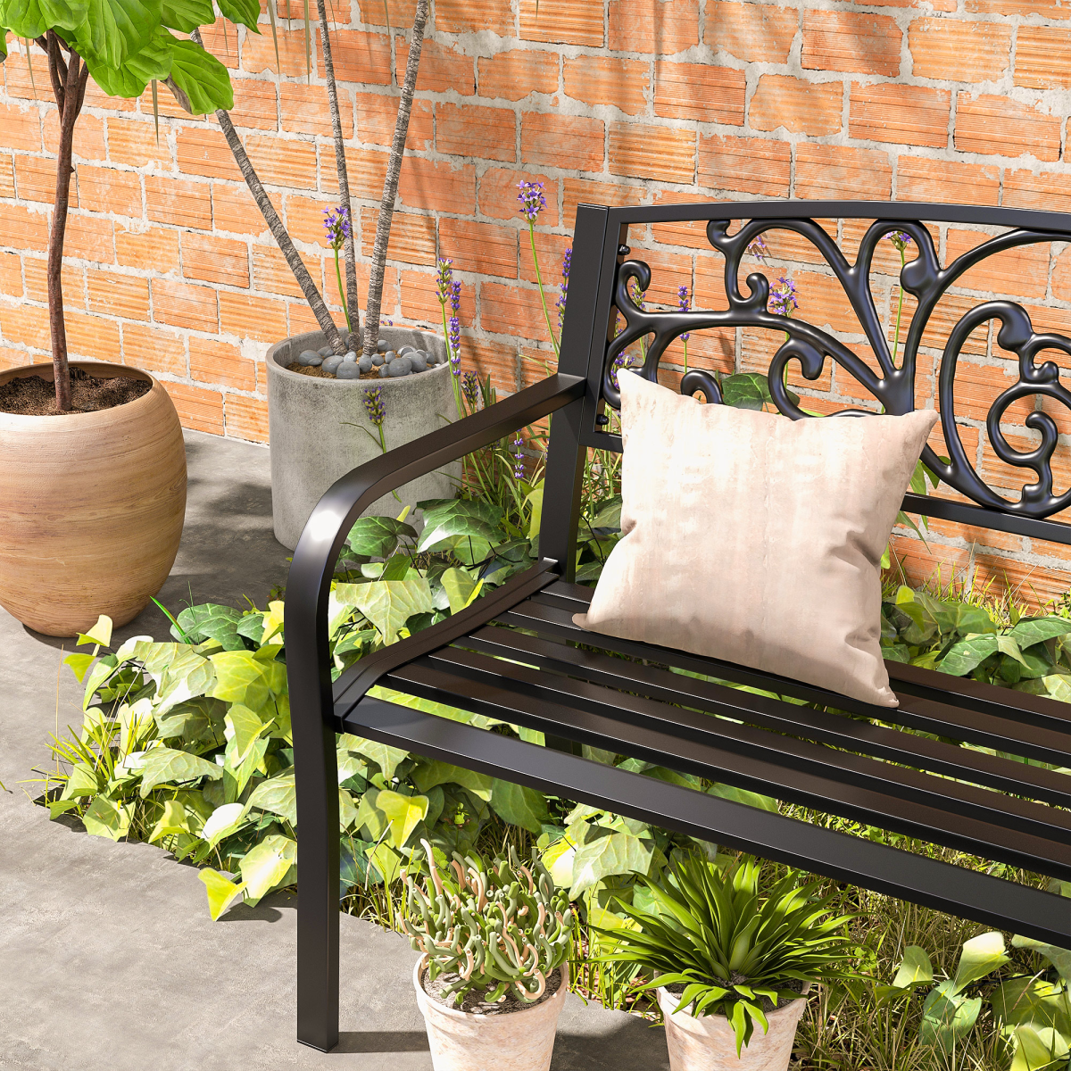 Outsunny 2-Seater Powder Coated Steel Garden Bench with Floral Backrest – Patio Seating, Black
