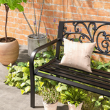Outsunny 2-Seater Powder Coated Steel Garden Bench with Floral Backrest – Patio Seating, Black
