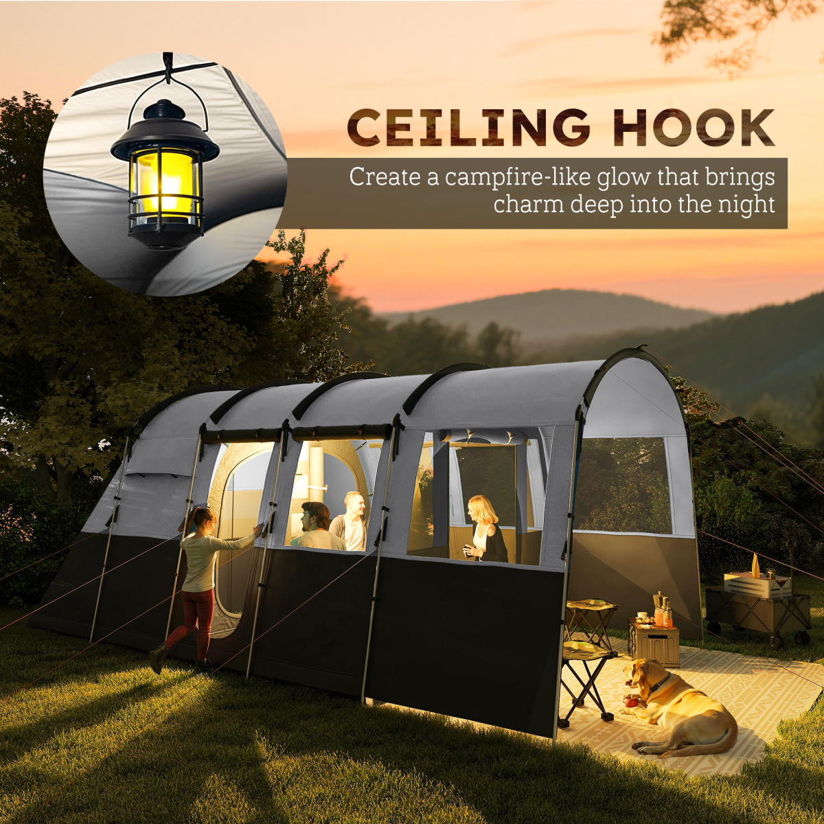 Outsunny 8-Person Tunnel Tent with 4 Large Windows & Removable Inner Walls – Family Camping Tent, Dark Grey