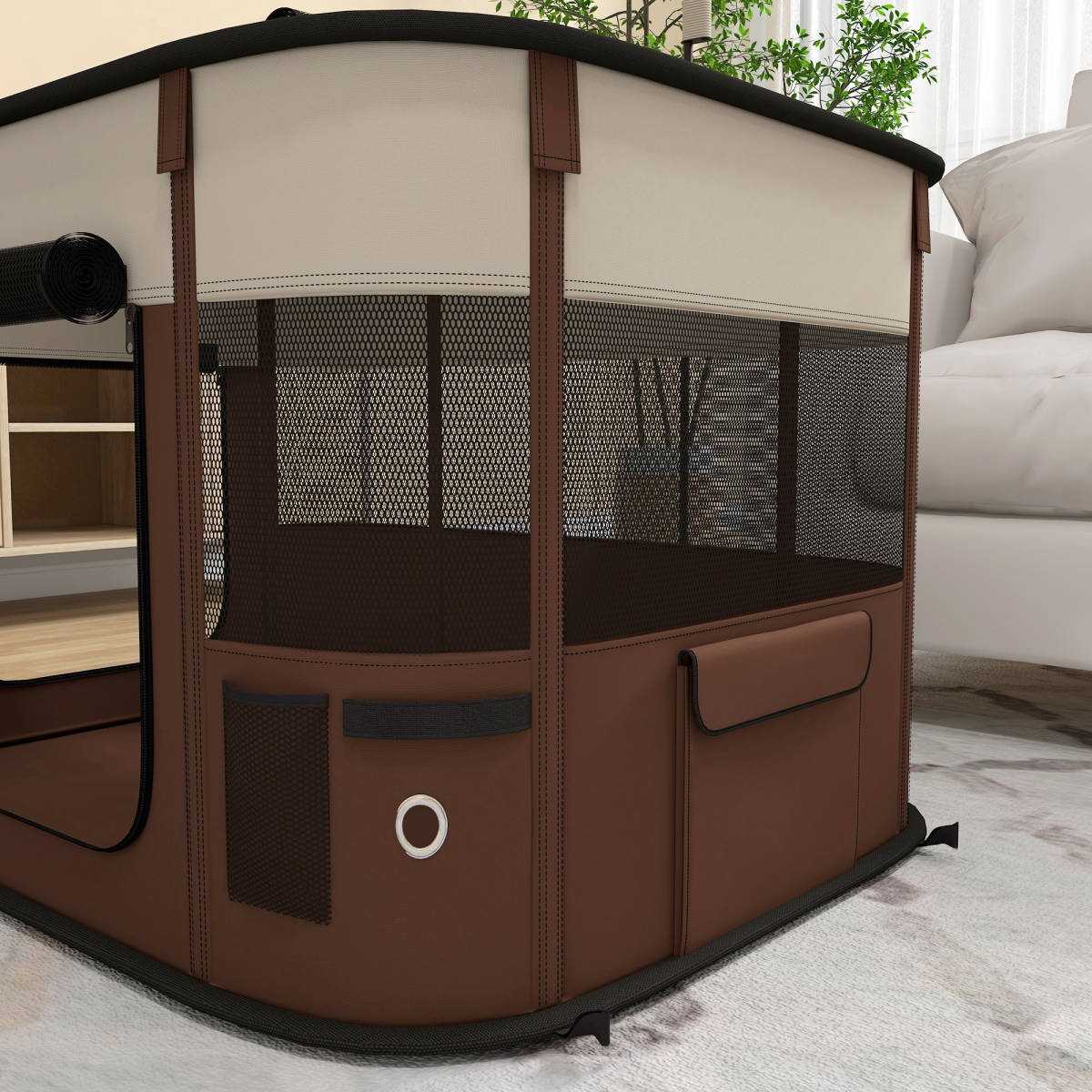 PawHut Portable Foldable Pet Playpen with Mesh Windows & Storage Bag – Dog, Rabbit & Kitten Run, Brown, 84cm