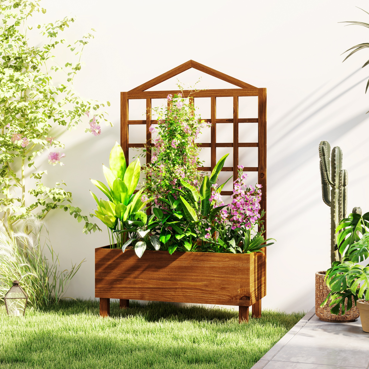 Outsunny Wooden Garden Planter with Trellis & Fabric Liner Bag – Fir Wood Climbing Plant Planter, Brown