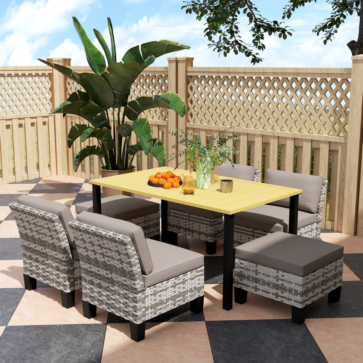 Outsunny 7 Piece Rattan Garden Dining Set with Cushions and Umbrella Hole – Outdoor Table, Chairs and Footstools, Grey