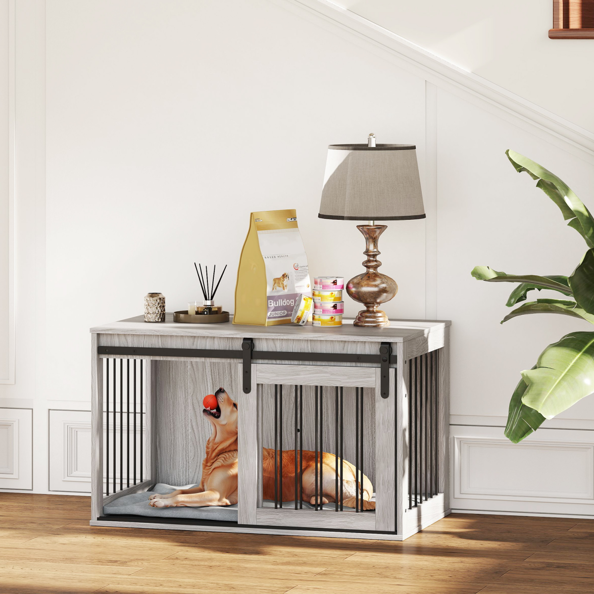PawHut Dog Crate Furniture with Removable Cushion and Barn Door Design – Side Table Kennel for Large Dogs, Grey
