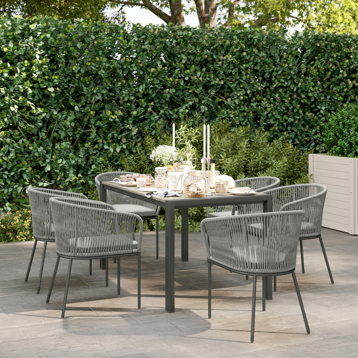 Outsunny 6-Seater PE Rattan Garden Dining Set with Acacia Wood Table & Cushions – Outdoor Furniture, Grey