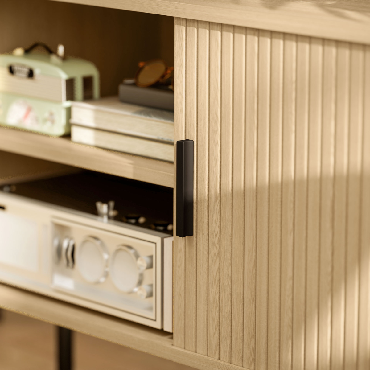 HOMCOM TV Unit with Two Open Shelves, Two Cupboards & Cable Management – Living Room Media Storage, Oak Tone