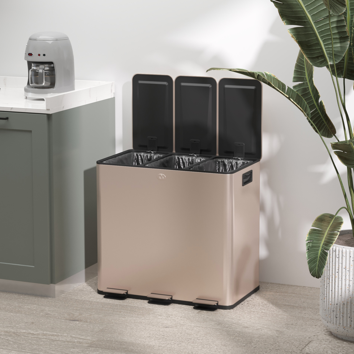 HOMCOM 3 x 15L Triple Recycling Pedal Bin with Lids – Kitchen Waste Sorting, Gold Tone