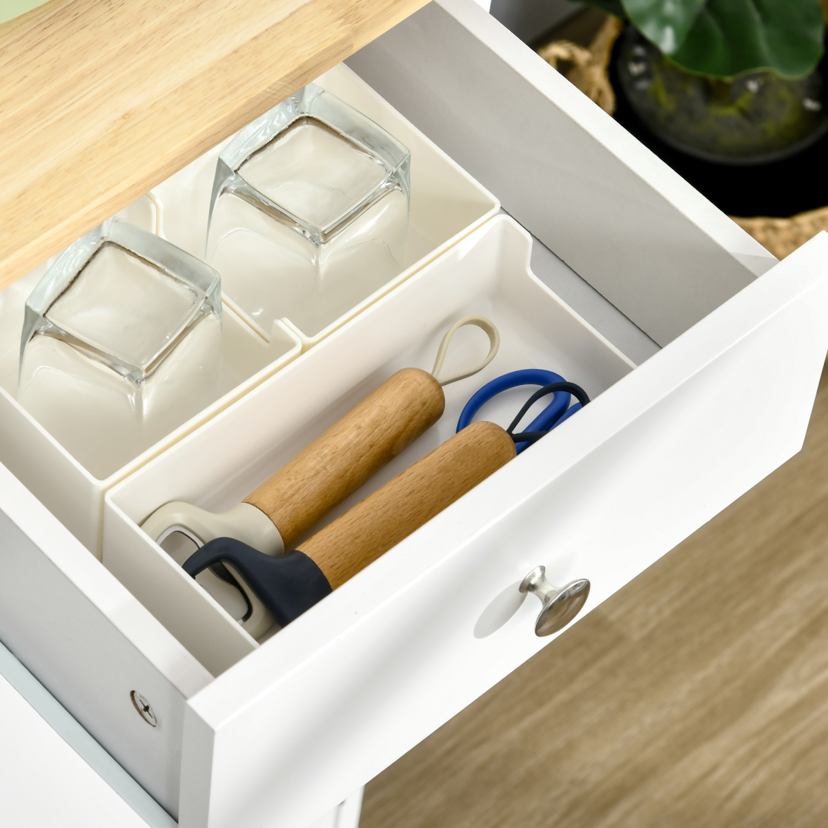 HOMCOM White Sideboard with Natural Rubberwood Top, 3 Drawers & Adjustable Shelves – Storage Cabinet