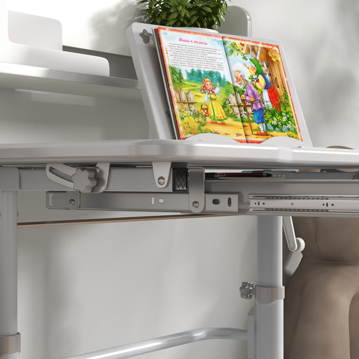 ZONEKIZ Height Adjustable Kids Desk and Chair Set with Drawer & Bookshelf – Tilting Study Desk, Grey