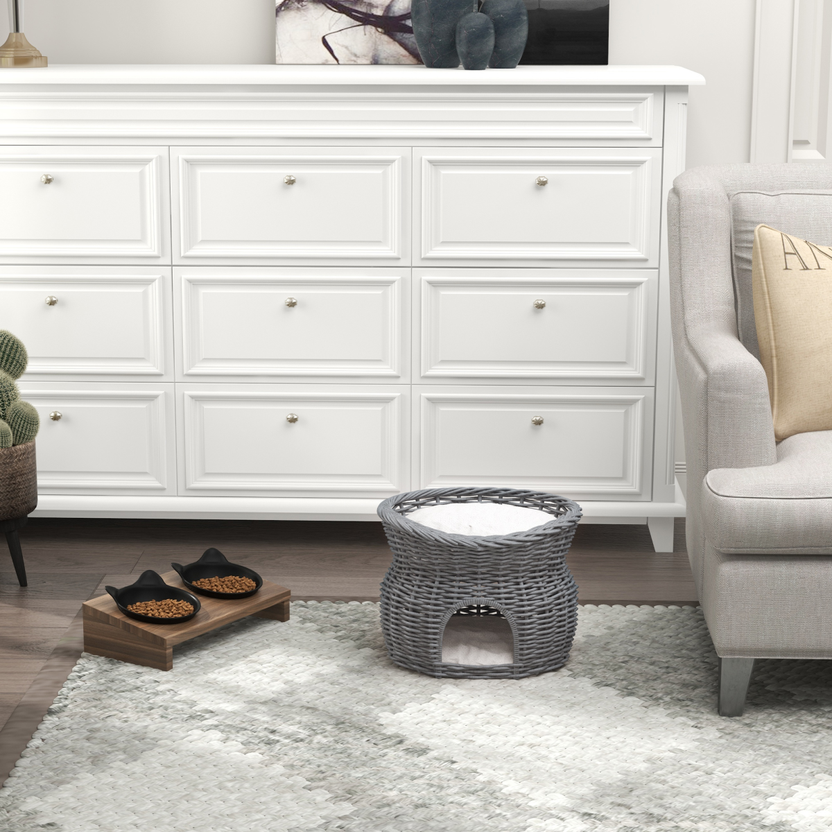 PawHut 2-Tier Willow Cat Condo with Padded Cushions – Elevated Wicker Pet Bed, Grey
