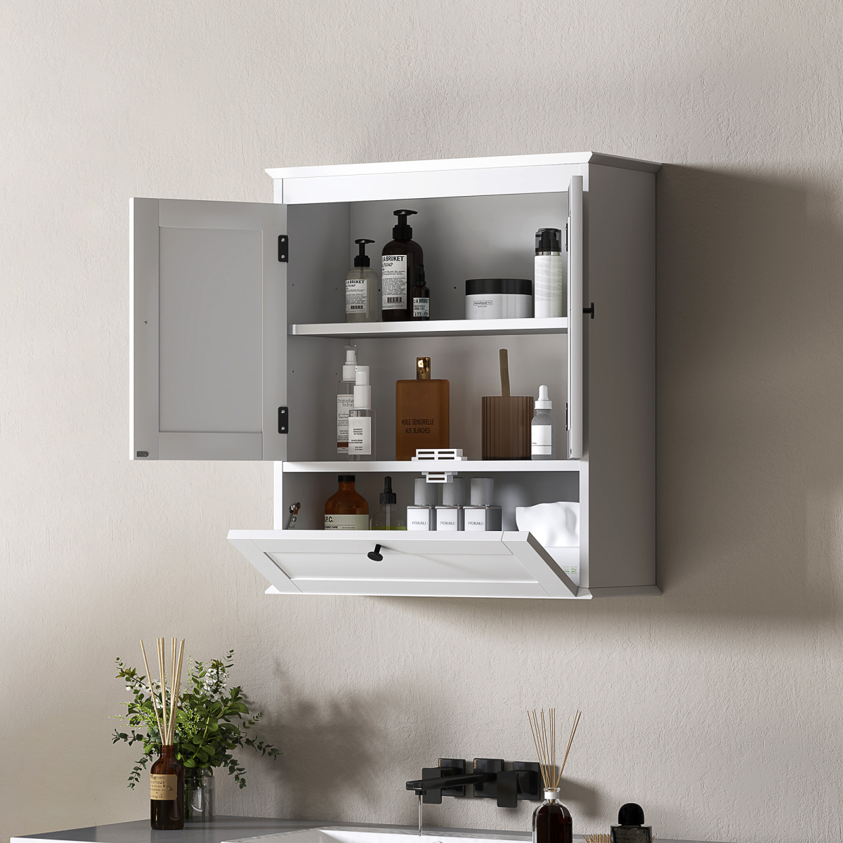 HOMCOM Wall Mounted Bathroom Cabinet with Adjustable Shelf and 3 Compartments – Space-Saving, White