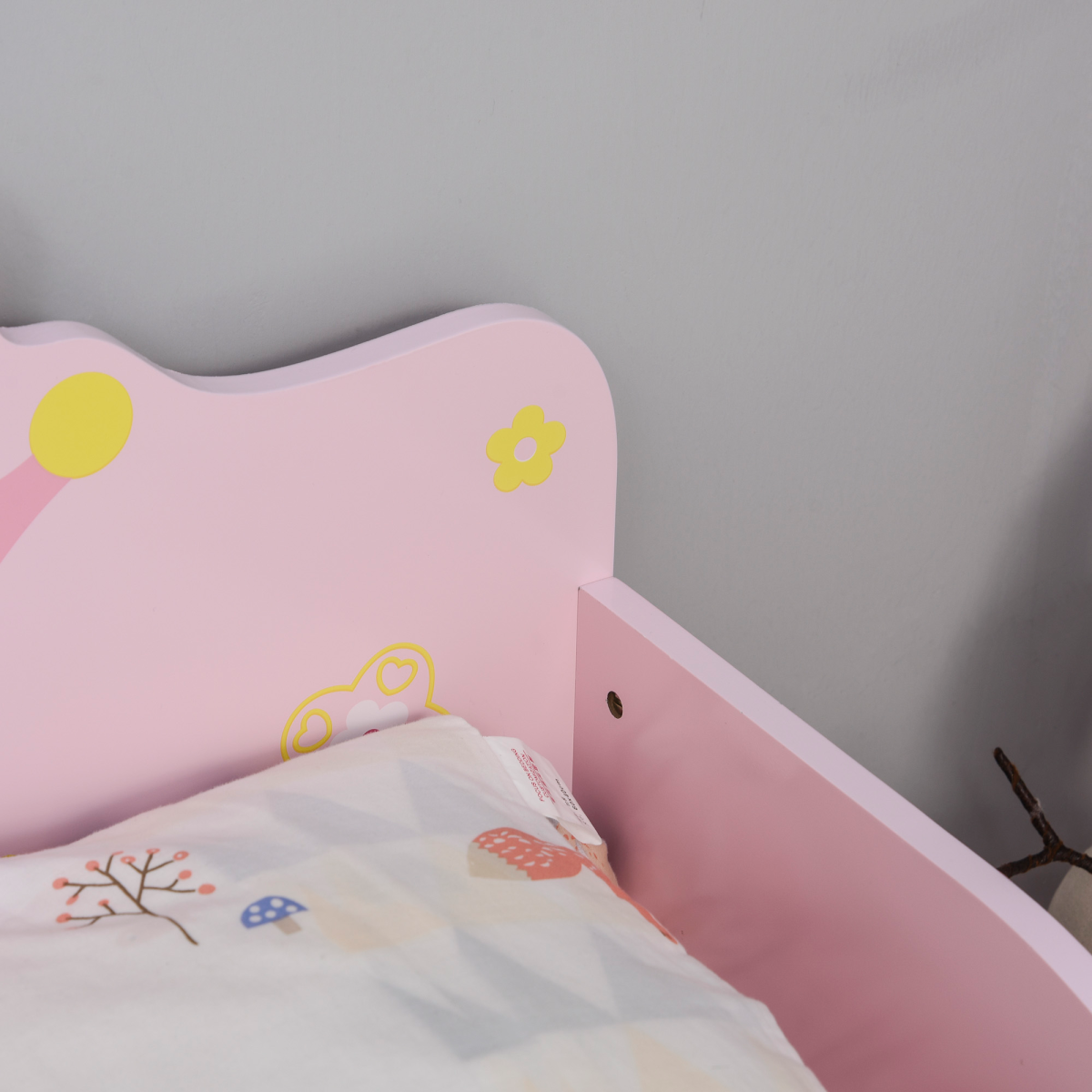 Princess Crown & Flower Wooden Toddler Bed with Safety Side Rails & Slats – Pink, Ages 3-6