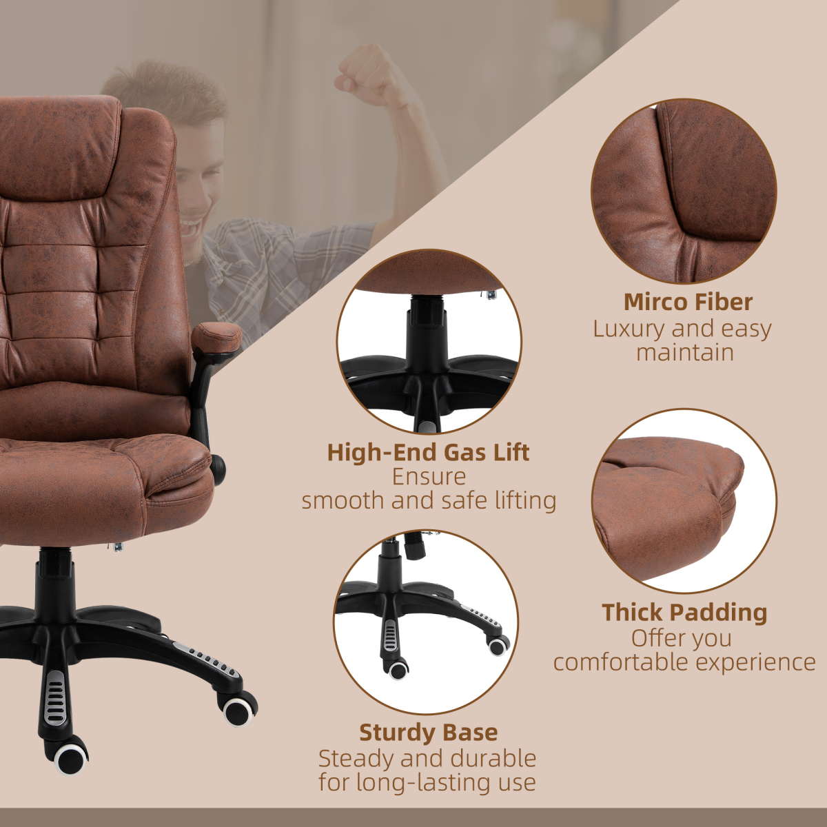 Executive Reclining Office Chair with Heated Massage, Padded Headrest & Swivel – Height Adjustable, Brown