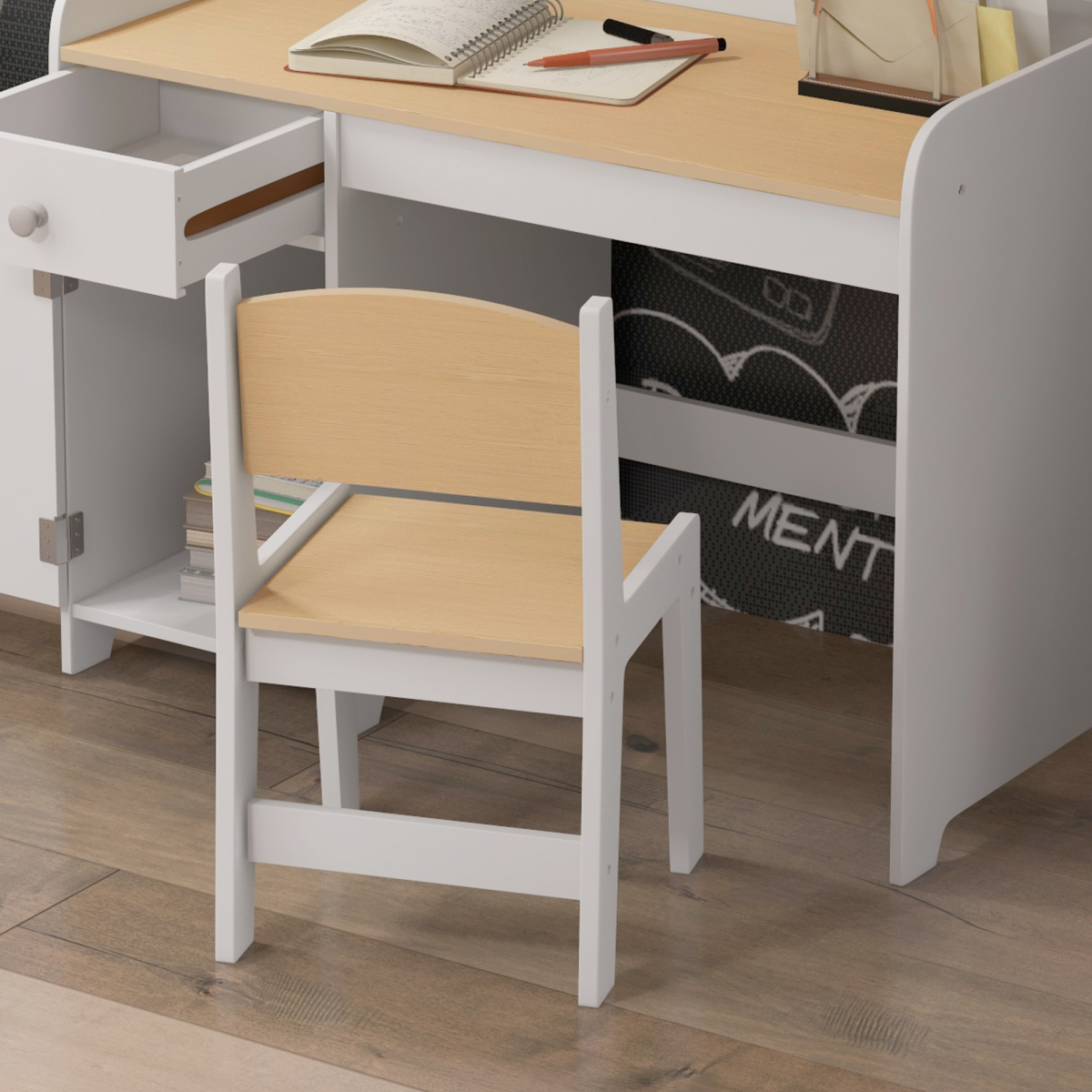 ZONEKIZ Kids Desk and Chair Set for 3–6 Year Olds with Storage Drawer and Compartment – White