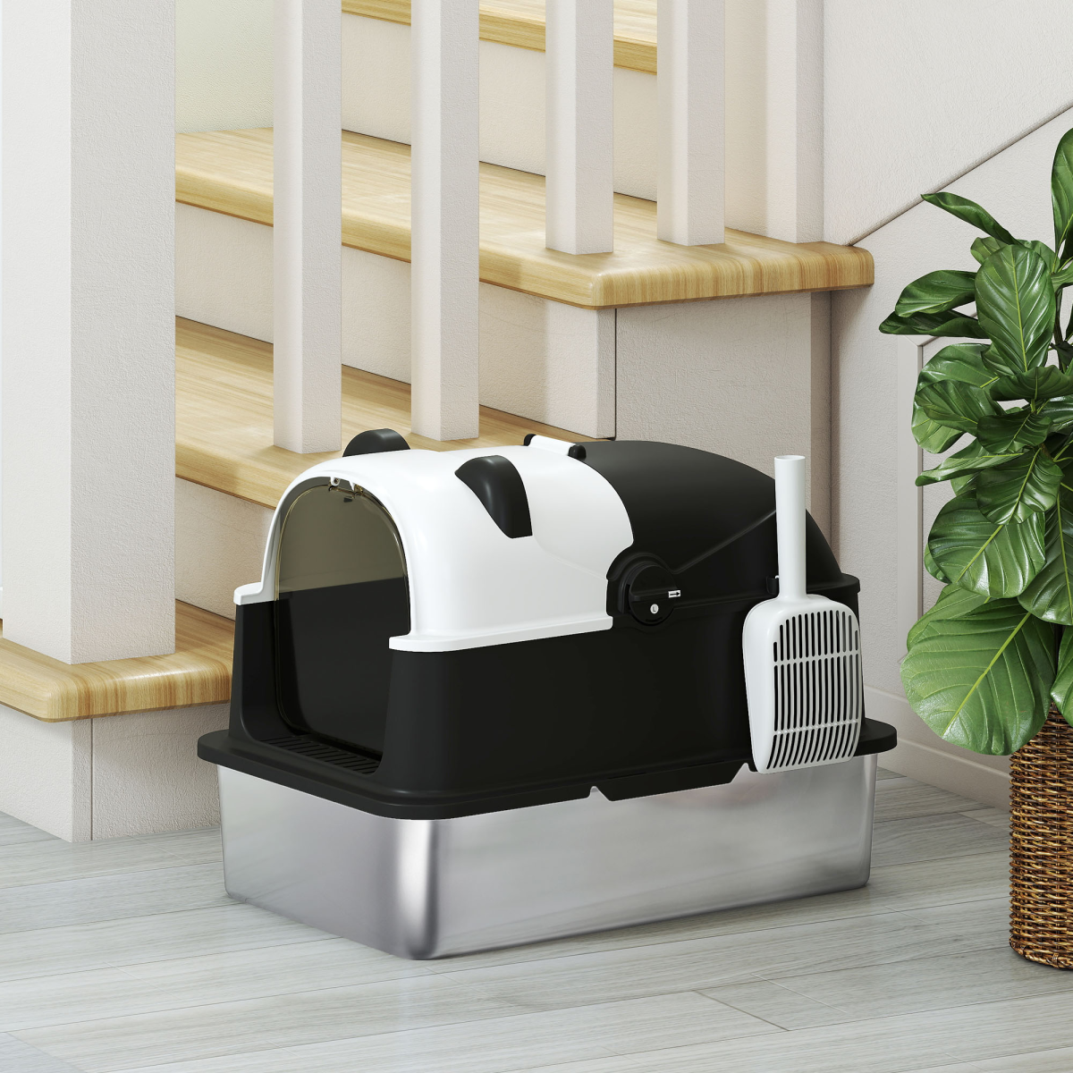PawHut XL Stainless Steel Cat Litter Box with Flip-Top Lid and Scoop – Enclosed Panda-Style Tray, Black