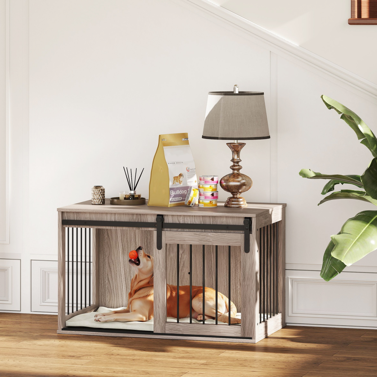 PawHut Dog Crate Furniture with Removable Cushion for Large Dogs – Side Table Cage, Brown