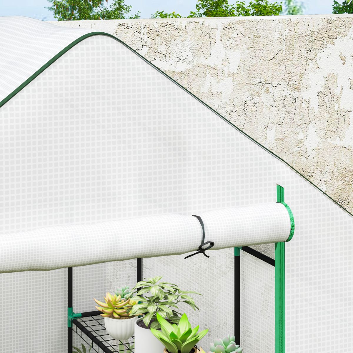 Outsunny Walk-in Greenhouse with 8 Wire Shelves, Roll-up Door & Mesh Windows – Outdoor Plant House, White