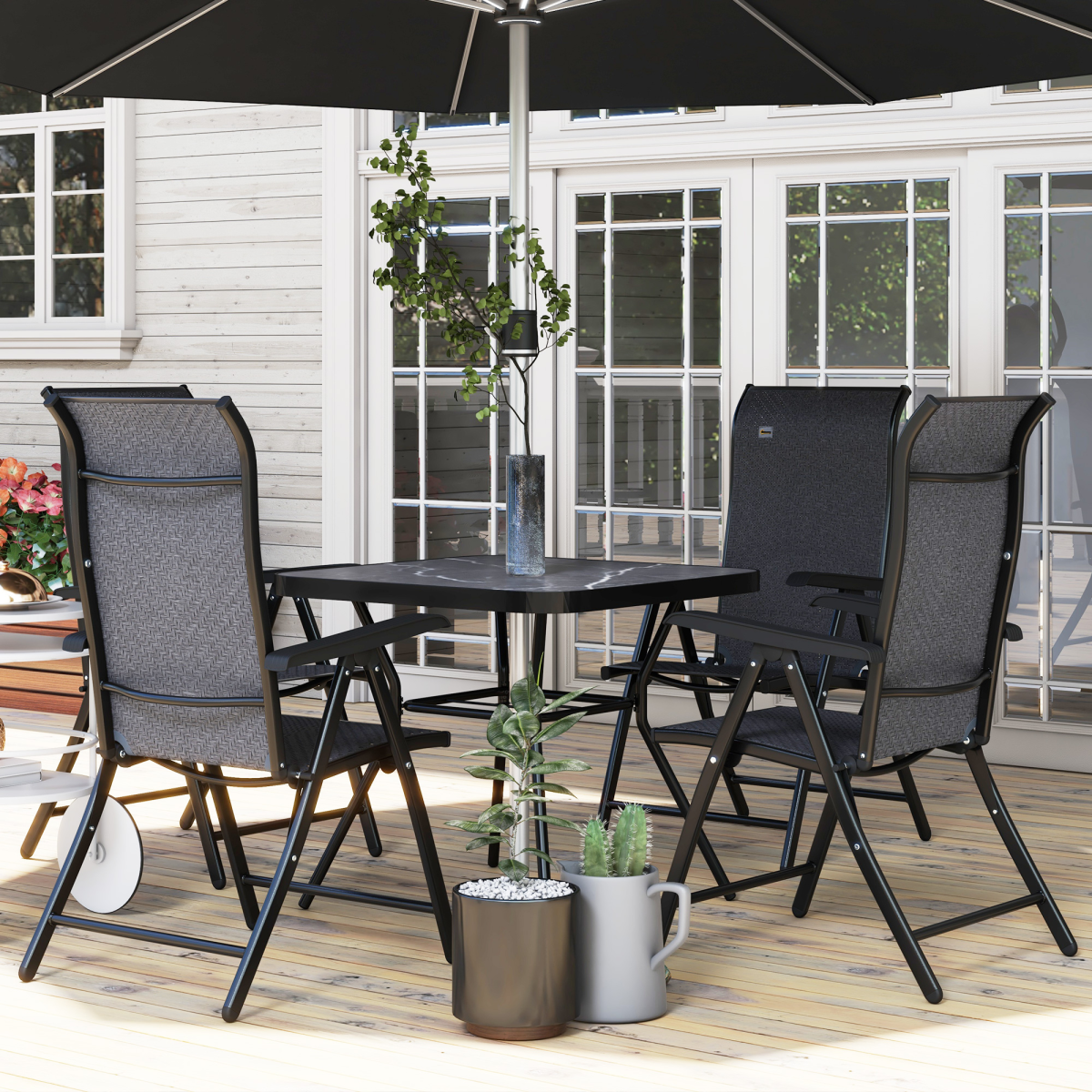 Outsunny 4-Pack Outdoor Rattan Folding Chairs with 7-Position Adjustable Backrest – Steel Frame Garden Seating, Grey/Black