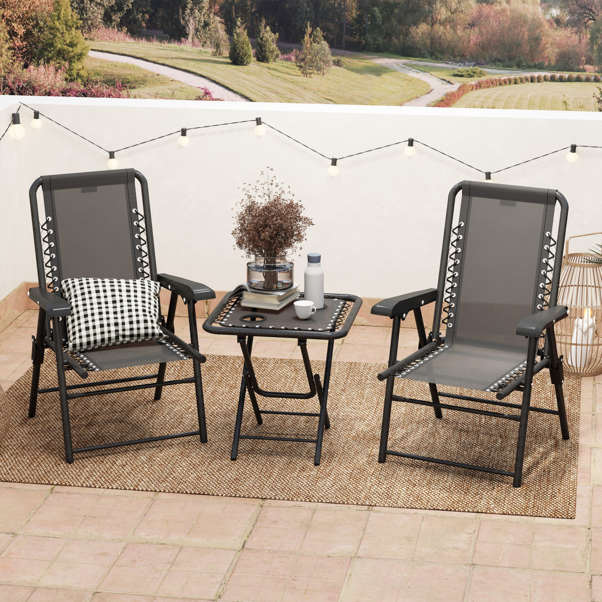 Outsunny 3 Piece Folding Garden Bistro Set with 2 Chairs, Table & Cup Holders – Texteline Seats, Black