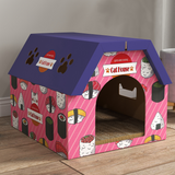 PawHut 2-in-1 Cat Scratching Board House with 4 Paw-Shaped Vents & Cat Grass – Cardboard Cat Bed, Pink