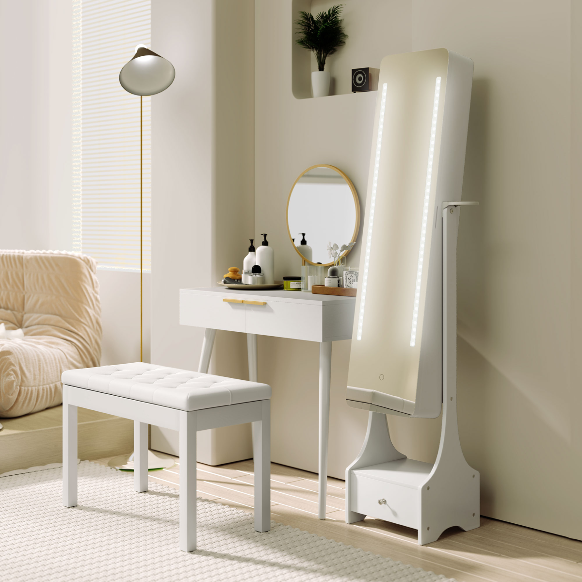 Freestanding LED Mirror Jewellery Armoire with Drawer & Hairdryer Holder – Full Length Mirror
