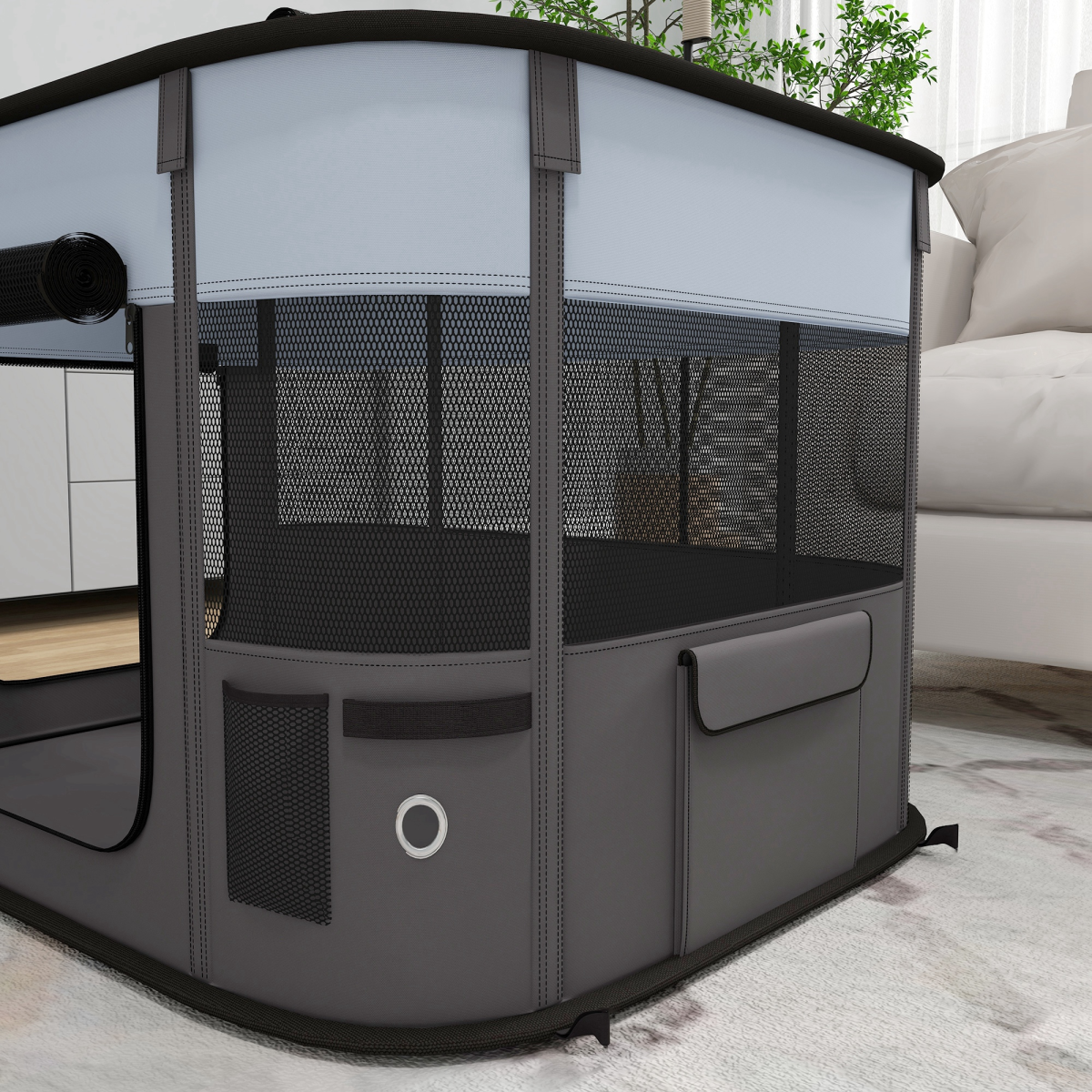 PawHut Portable Foldable Pet Playpen with Mesh Windows & Storage Bag – Dog, Rabbit & Kitten Run, Grey, 84cm