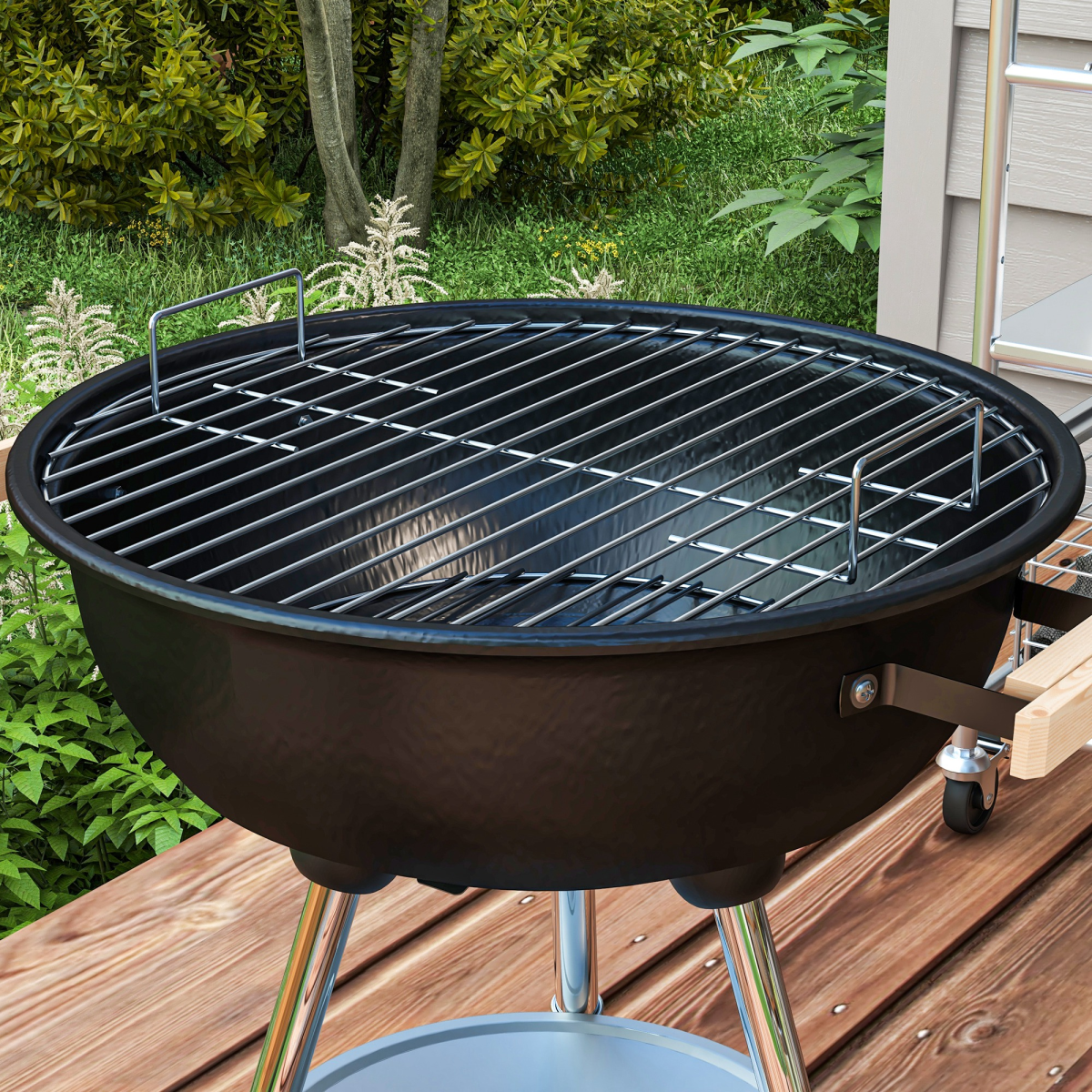 Outsunny Steel BBQ Grill with Porcelain Enamel Lid, Air Vents & Bottom Shelf – Wheeled Barbecue, 85cm High
