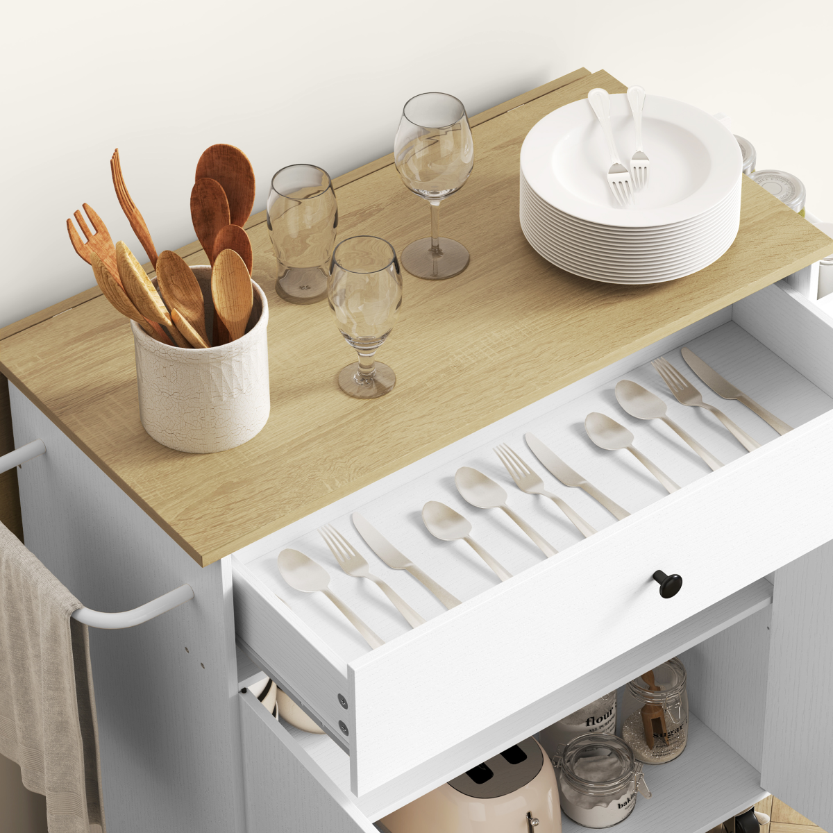 HOMCOM Kitchen Island with Drop Leaf, Drawer & Cabinet – Rolling Storage Trolley with Spice Rack, White